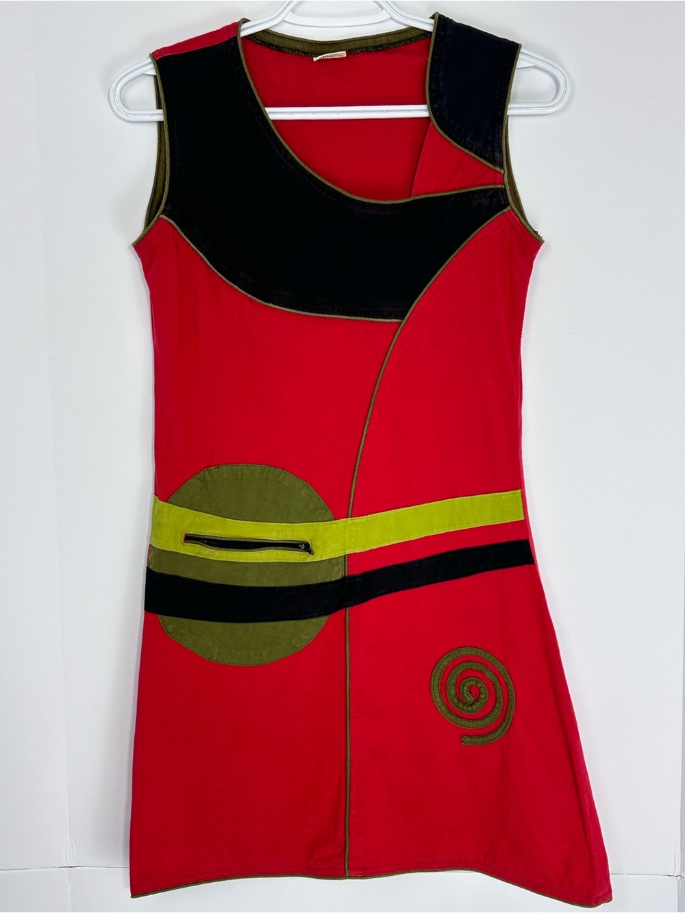 Red Cotton Nepal Colorblock Boho Mini Dress Size S